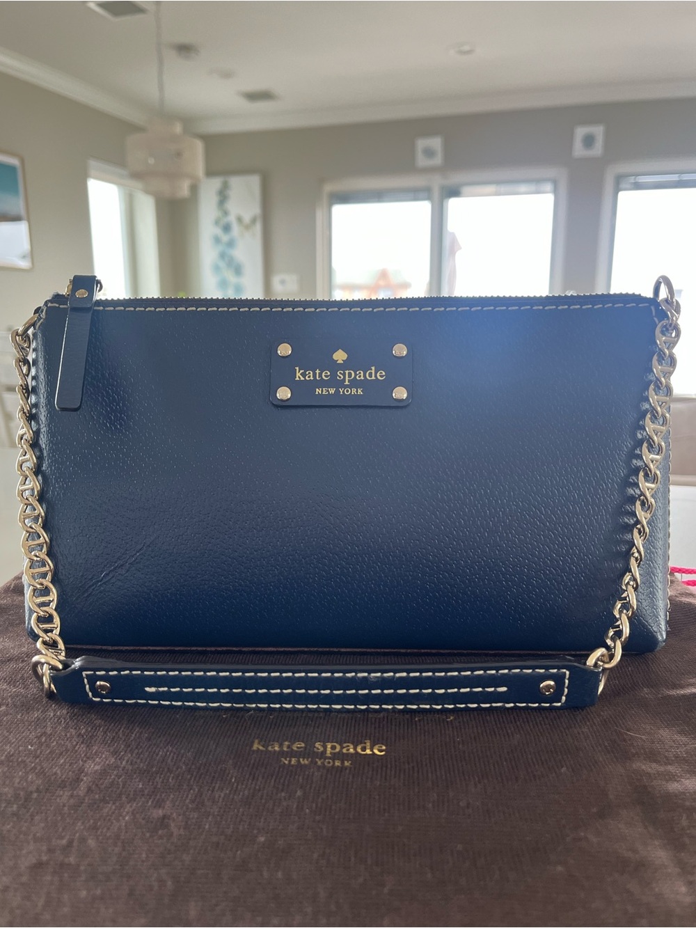 Kate Spade NY Navy Blue Grained Leather Chain Shoulder Bag with Zip Top